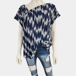 Adrienne Vittladini Short Sleeve Ikat Print Asymmetrical Neckline Blouse Size 2X